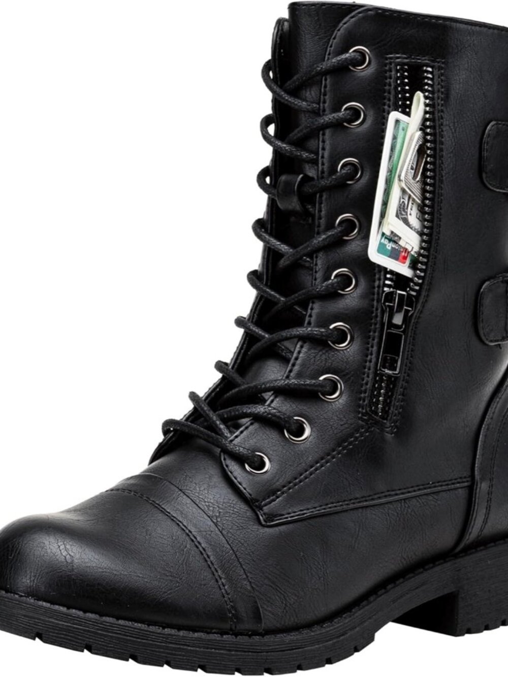Women's Combat Black Boots Low Heel Mid Calf Military Boots with Card Knife